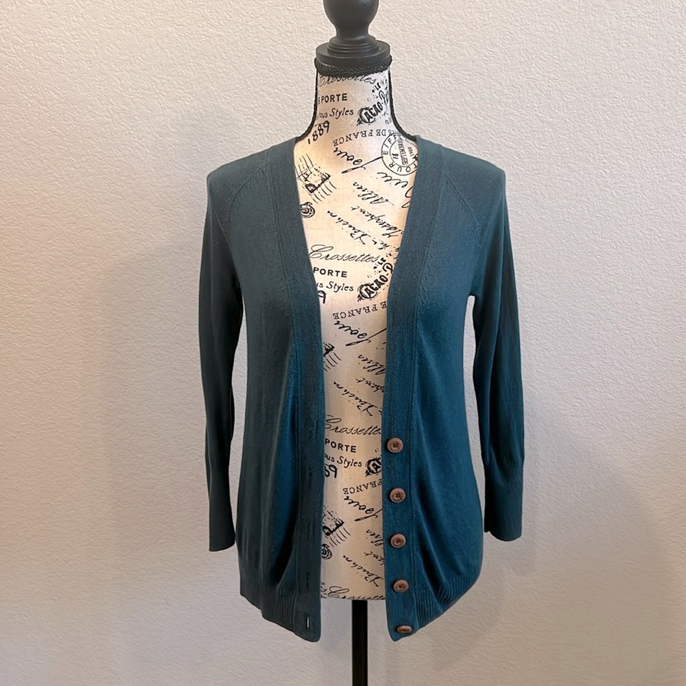 Teal Fossil Cardigan with Wood Buttons